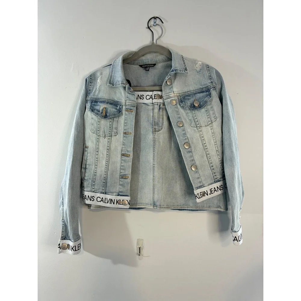Calvin Klein Jeans Denim Jacket & Skirt Set Distressed Light Wash Size 12